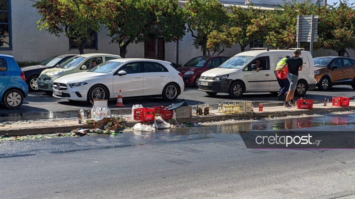 Ηράκλειο: Γέμισε ο δρόμος αλκοόλ – Έπεσε καρότσα με ποτά